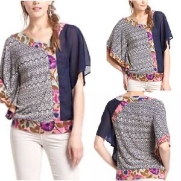 Anthropologie Vanessa Virginia Mixed Print Askew Kimono Top - Picture 6 of 11